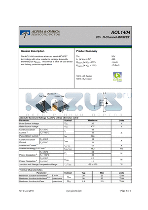 AOL1404 datasheet - 20V N-Channel MOSFET