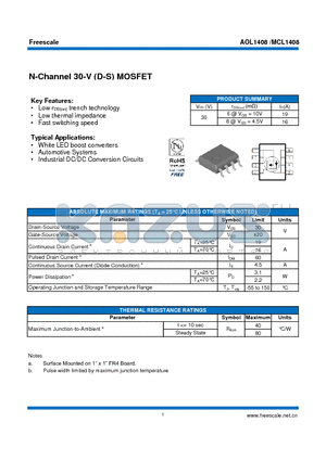 AOL1408 datasheet - N-Channel 30-V (D-S) MOSFET White LED boost converters