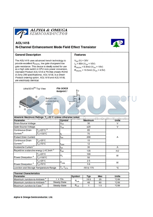 AOL1418 datasheet - N-Channel Enhancement Mode Field Effect Transistor