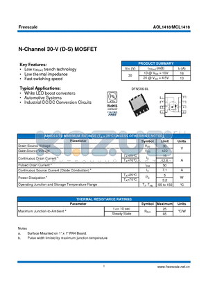 AOL1418 datasheet - N-Channel 30-V (D-S) MOSFET White LED boost converters
