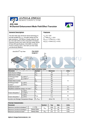 AOL1420 datasheet - N-Channel Enhancement Mode Field Effect Transistor