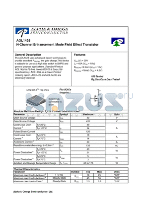 AOL1428 datasheet - N-Channel Enhancement Mode Field Effect Transistor