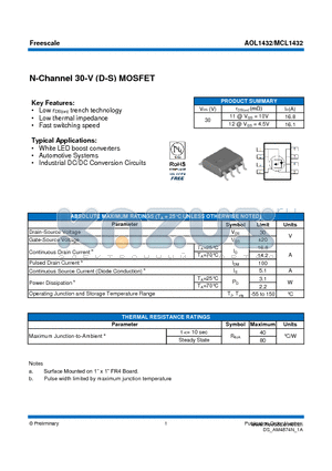 AOL1432 datasheet - N-Channel 30-V (D-S) MOSFET White LED boost converters