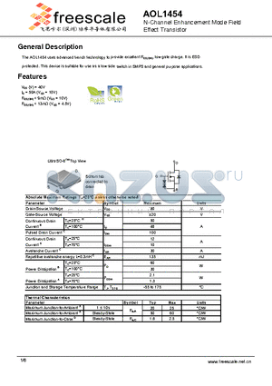 AOL1454 datasheet - N-Channel Enhancement Mode Field