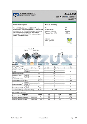 AOL1458 datasheet - 30V N-Channel MOSFET