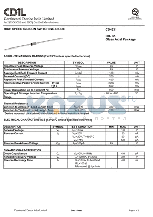 CD4531 datasheet - HIGH SPEED SILICON SWITCHING DIODE