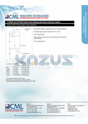 2150QA3 datasheet - Non-Relampable Neon Indicator Lights