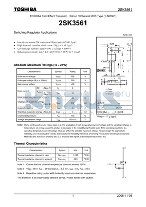 2SK3561 datasheet - Silicon N Channel MOS Type Switching Regulator Applications