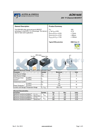 AON1605 datasheet - 20V P-Channel MOSFET