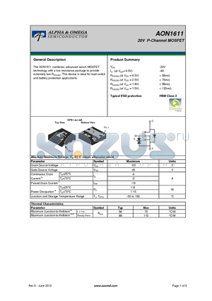 AON1611 datasheet - 20V P-Channel MOSFET