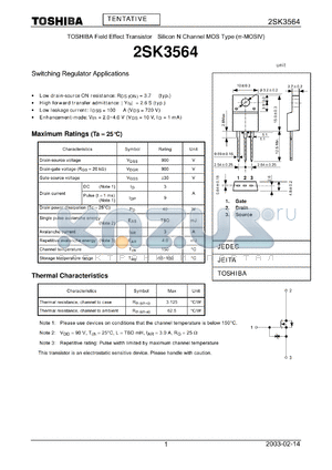 2SK3564 datasheet - TOSHIBA Field Effect Transistor Silicon N Channel MOS Type (PIE-MOS4)