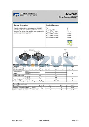 AON2400 datasheet - 8V N-Channel MOSFET