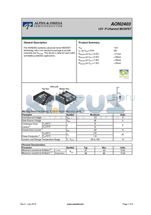 AON2403 datasheet - 12V P-Channel MOSFET