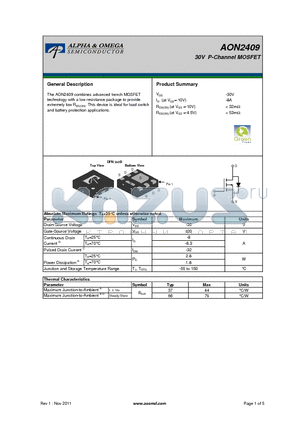 AON2409 datasheet - 30V P-Channel MOSFET