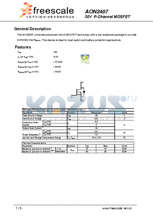 AON2407 datasheet - 30V P-Channel MOSFET