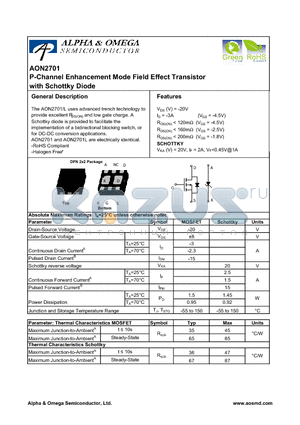 AON2701L datasheet - P-Channel Enhancement Mode Field Effect Transistor with Schottky Diode