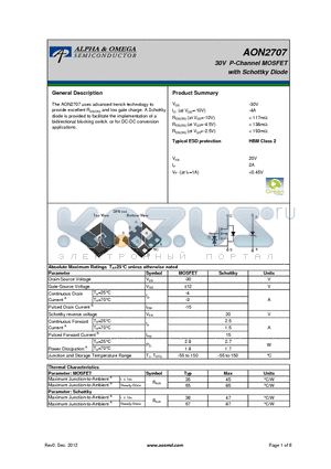 AON2707 datasheet - 30V P-Channel MOSFET