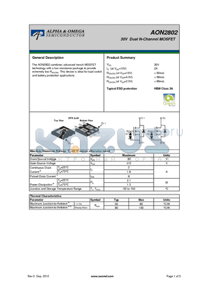 AON2802 datasheet - 30V Dual N-Channel MOSFET