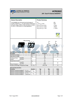 AON2803 datasheet - 20V Dual P-Channel MOSFET