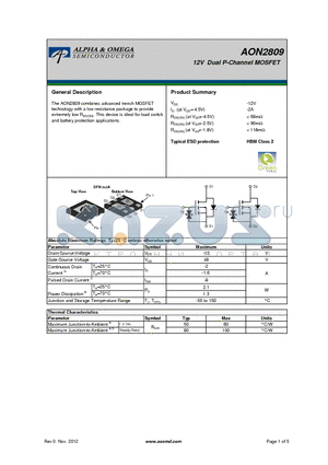 AON2809 datasheet - 12V Dual P-Channel MOSFET