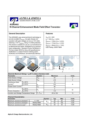 AON3402 datasheet - N-Channel Enhancement Mode Field Effect Transistor
