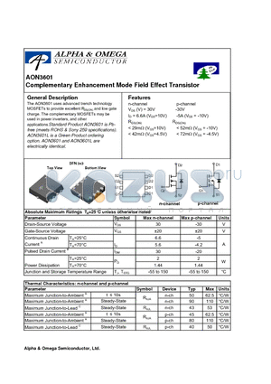 AON3601 datasheet - Complementary Enhancement Mode Field Effect Transistor
