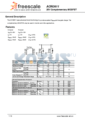 AON3611 datasheet - 30V Complementary MOSFET