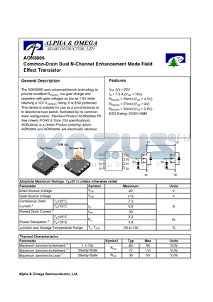 AON3806 datasheet - Common-Drain Dual N-Channel Enhancement Mode Field Effect Transistor