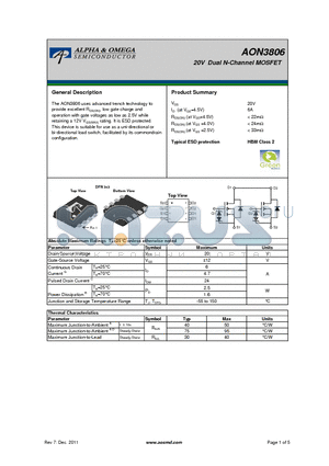 AON3806_12 datasheet - 20V Dual N-Channel MOSFET