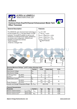 AON3816 datasheet - Common-Drain Dual N-Channel Enhancement Mode Field Effect Transistor