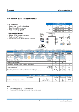 AON3816 datasheet - N-Channel 20-V (D-S) MOSFET White LED boost converters