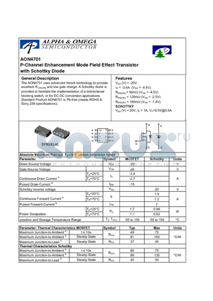 AON4701 datasheet - P-Channel Enhancement Mode Field Effect Transistor with Schottky Diode