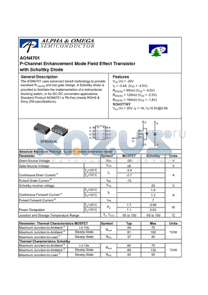 AON4701L datasheet - P-Channel Enhancement Mode Field Effect Transistor with Schottky Diode