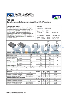 AON4602 datasheet - Complementary Enhancement Mode Field Effect Transistor