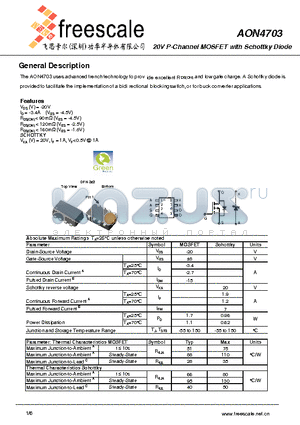 AON4703 datasheet - 20V P-Channel MOSFET with Schottky Diode