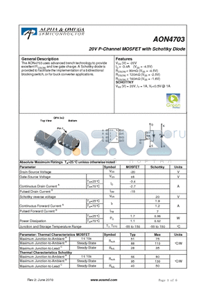 AON4703 datasheet - 20V P-Channel MOSFET with Schottky Diode