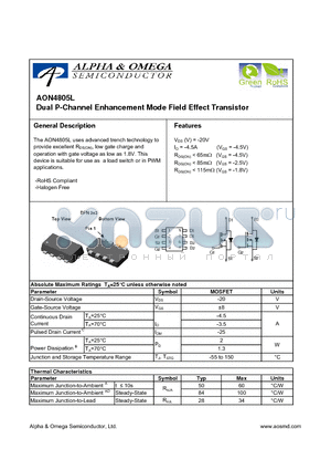 AON4805L datasheet - Dual P-Channel Enhancement Mode Field Effect Transistor