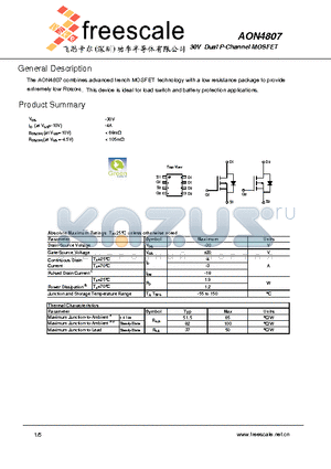 AON4807 datasheet - 30V Dual P-Channel MOSFET