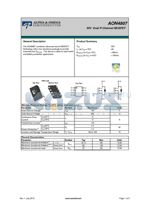 AON4807 datasheet - 30V Dual P-Channel MOSFET