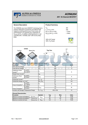 AON6204 datasheet - 30V N-Channel MOSFET