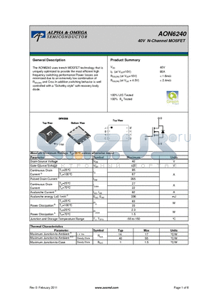 AON6240 datasheet - 40V N-Channel MOSFET