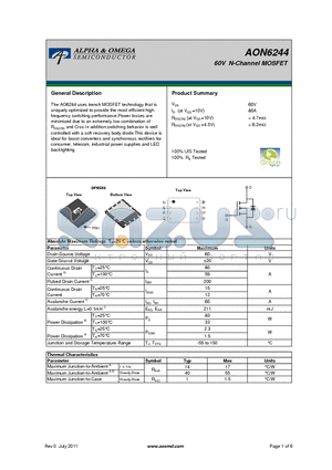 AON6244 datasheet - 60V N-Channel MOSFET