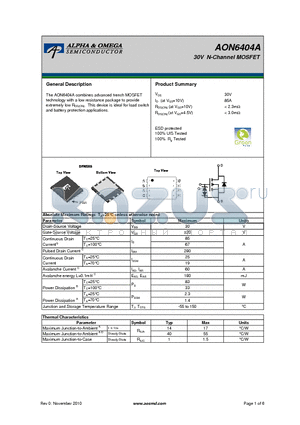 AON6404A datasheet - 30V N-Channel MOSFET