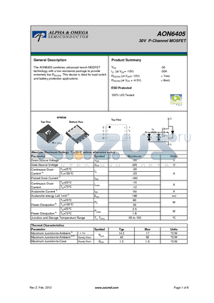 AON6405 datasheet - 30V P-Channel MOSFET