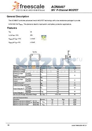 AON6407 datasheet - 30V P-Channel MOSFET