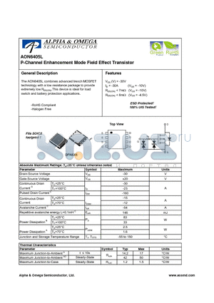 AON6405L datasheet - P-Channel Enhancement Mode Field Effect Transistor