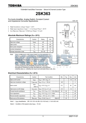 2SK363 datasheet - Silicon N Channel Junction Type For Audio Amplifier, Analog Switch, Constant Current and Impedance Converter Applications