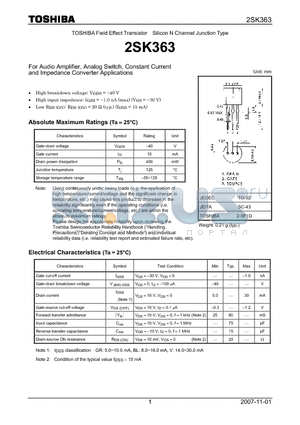 2SK363_07 datasheet - Silicon N Channel Junction Type For Audio Amplifier, Analog Switch, Constant Current and Impedance Converter Applications