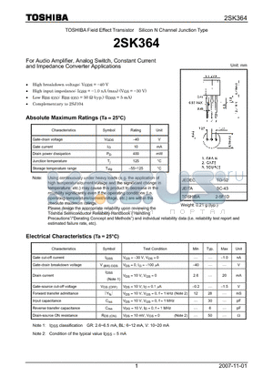 2SK364 datasheet - Silicon N Channel Junction Type For Audio Amplifier, Analog Switch, Constant Current and Impedance Converter Applications