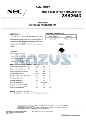 2SK3643 datasheet - SWITCHING N-CHANNEL POWER MOSFET